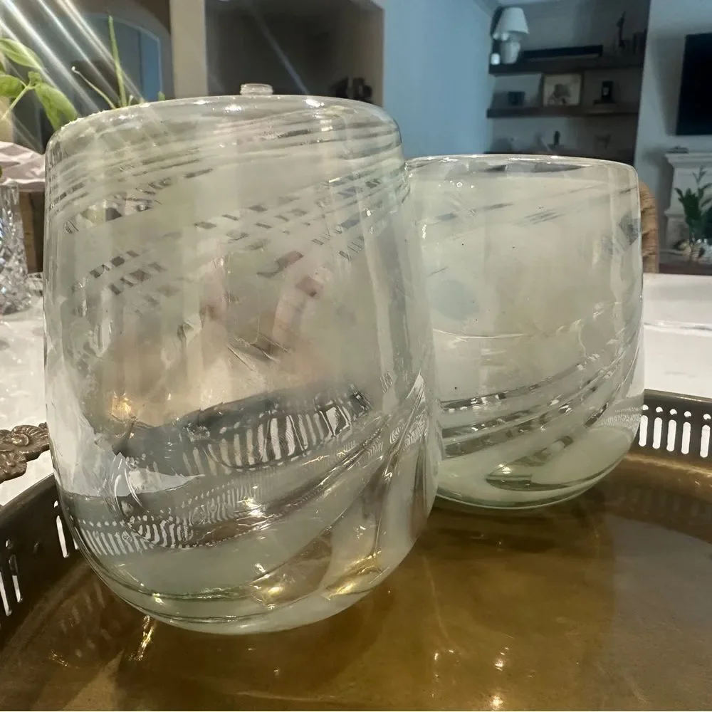 (2) Hand blown glass tumblers Tumbler Set - Clear with white glitter flecks